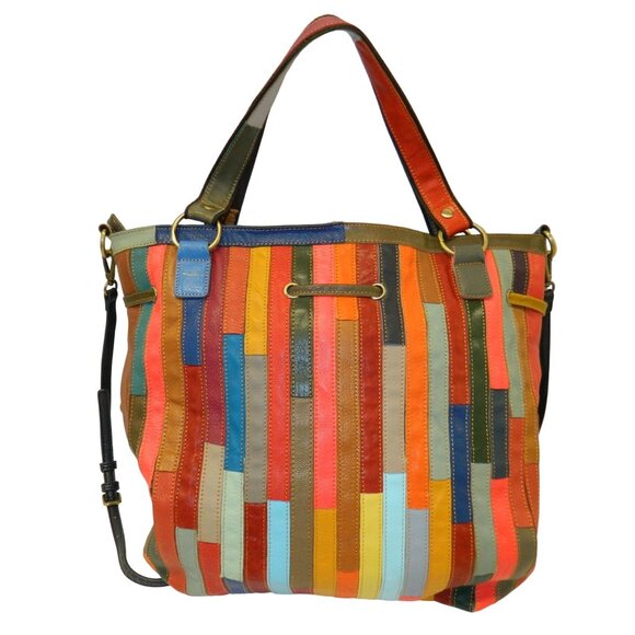 Amerileather Multicolor Lg Leather Tote Bag Colorful Patchwork Tassels Adj Strap - Picture 3 of 16